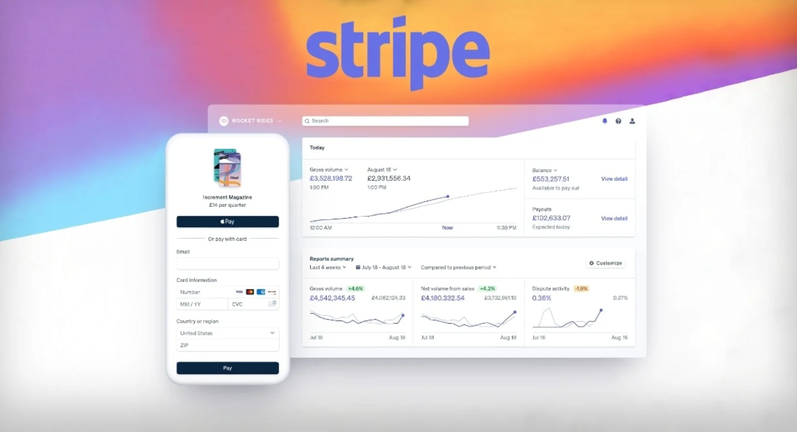 Stripe dashboard showing subscription revenue with mobile checkout preview — recurring affiliate commissions tracked through every renewal.